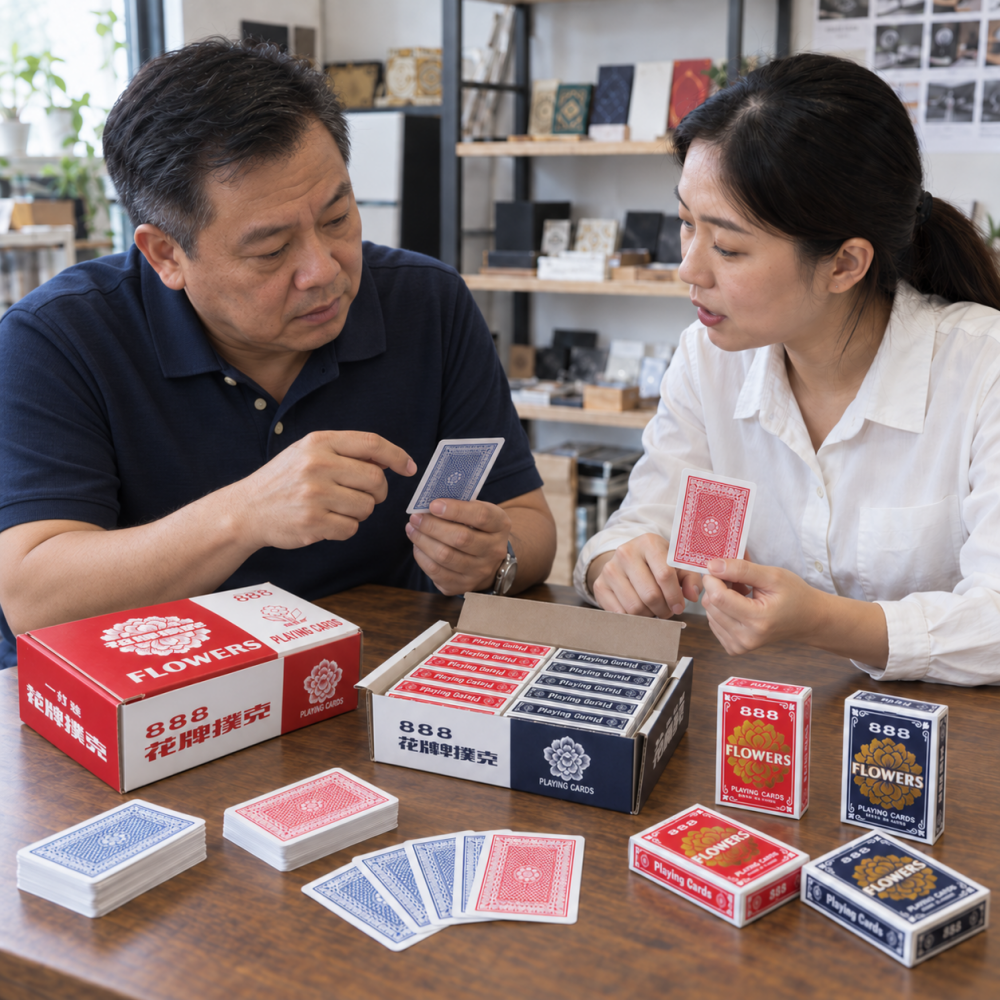 Customer discussing custom playing card requirements with a playing card manufacturer
