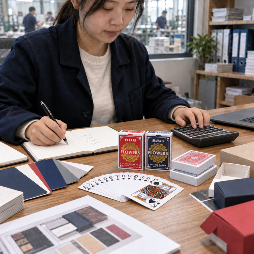 Sales representative preparing a quotation for custom playing cards and packaging