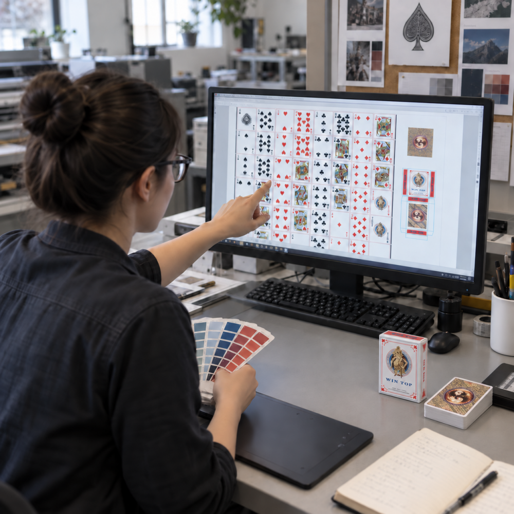 Designer preparing custom playing card artwork and packaging files on a computer