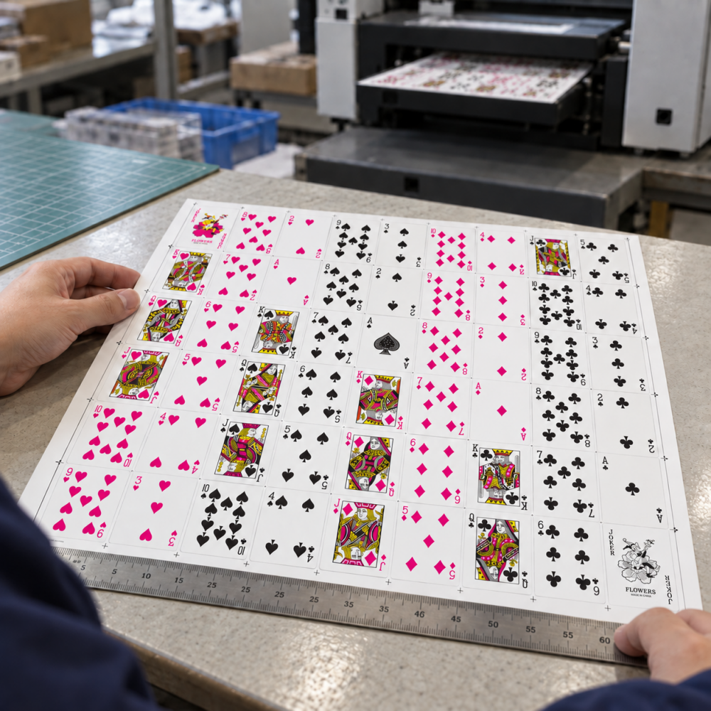Printed custom playing card proof sheet being inspected before mass production